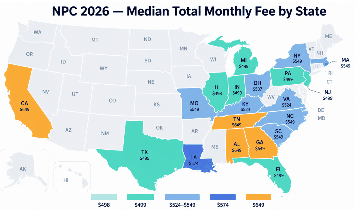Map of the United States showing NP Collaborator's 2026 median all-inclusive monthly collaborating-physician fee for the 20 states with the largest contract samples — from $498 in Illinois to $649 in California, Georgia, Tennessee, and Alabama.